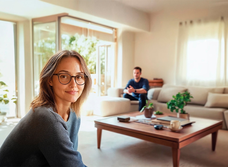 A woman wearing glasses in the living room