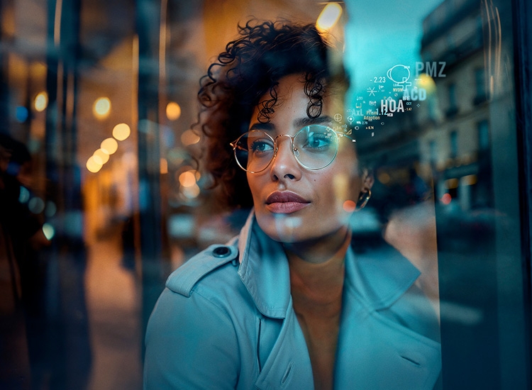 woman with lenses and data beam