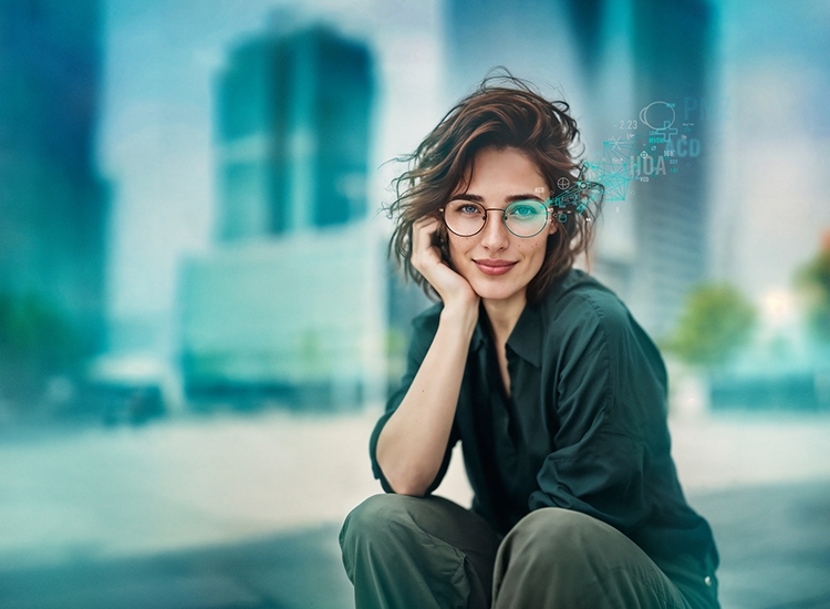 woman wearing glasses with B.I.G. NORM lenses by Rodenstock